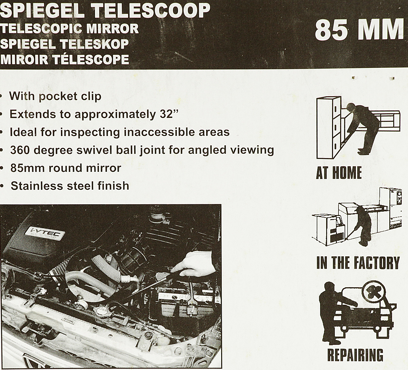 NEU Auto Teleskopspiegel rostfrei Inspektionsspiegel Doppel-Kugelgelenk